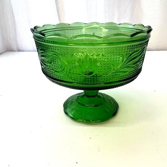 Green Glass Bowl Vintage E.O. Brody M600 Pedestal Dish Candy Bowl Depression - Picture 6 of 8